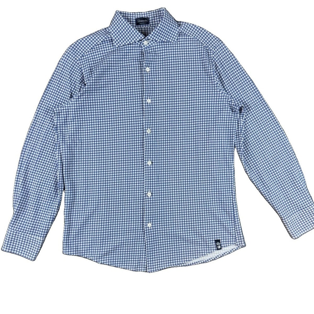 Drumohr Men's Button Up Shirt Size L Blue White Star Check Pure Cotton Italy